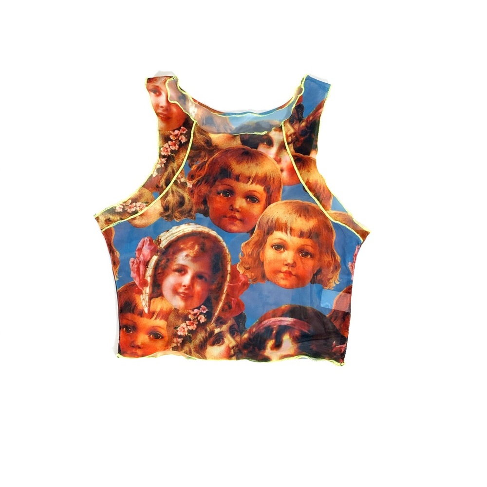 Woman’s All Over Face Print Sheer Mesh Crop Top